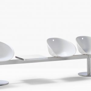 white shell seat bench with steel frame three seater office bench