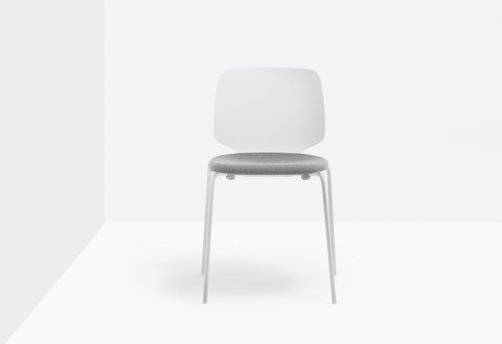 white upholstered shell chair with steel tube frame