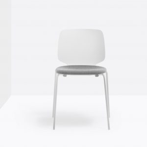 white upholstered shell chair with steel tube frame