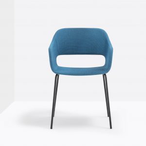 blue upholstered armchair with steel tube frame