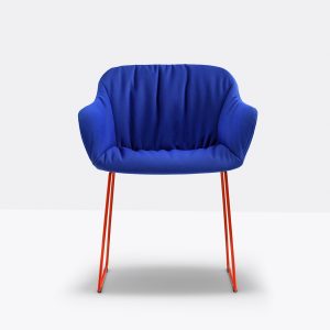 blue fabric covered armchair with orange steel rod frame