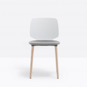 white upholstered shell chair with ash legs