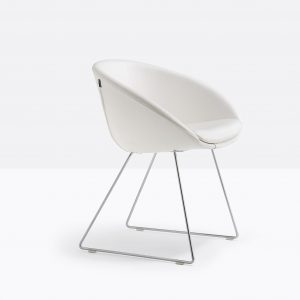 white office upholstered shell armchair with steel rod frame