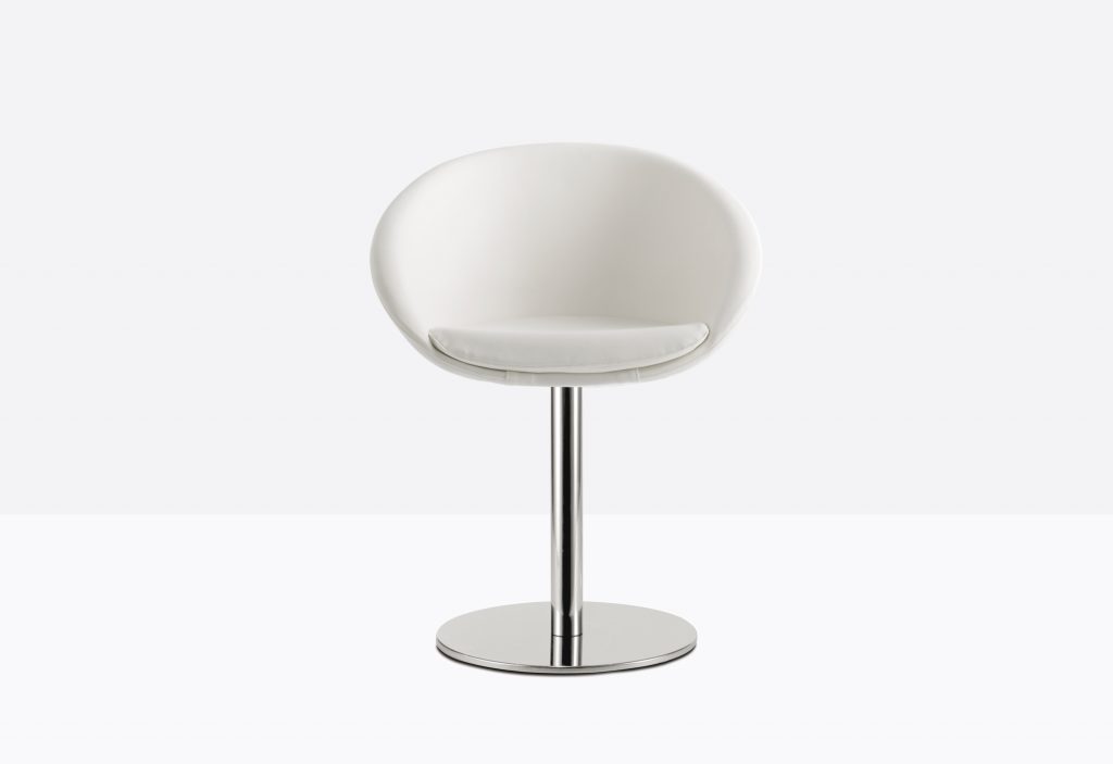 white upholstered office armchair with stainless steel column