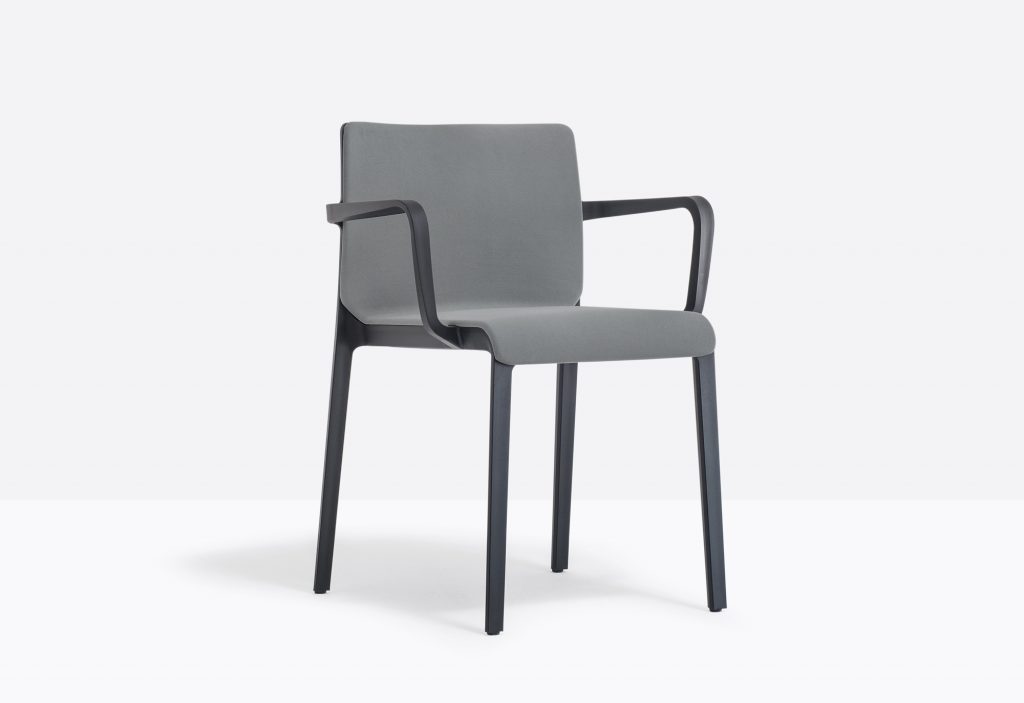grey polypropylene armchair with fabric seat